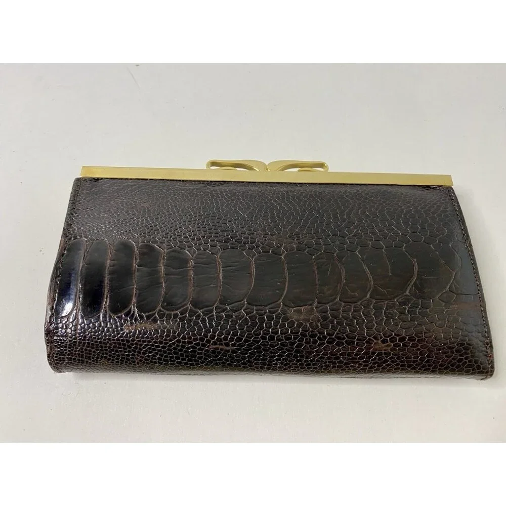 Genuine Ostrich Leg Clutch Bag Wallet Gold Tone Hardware‎ vintage READ